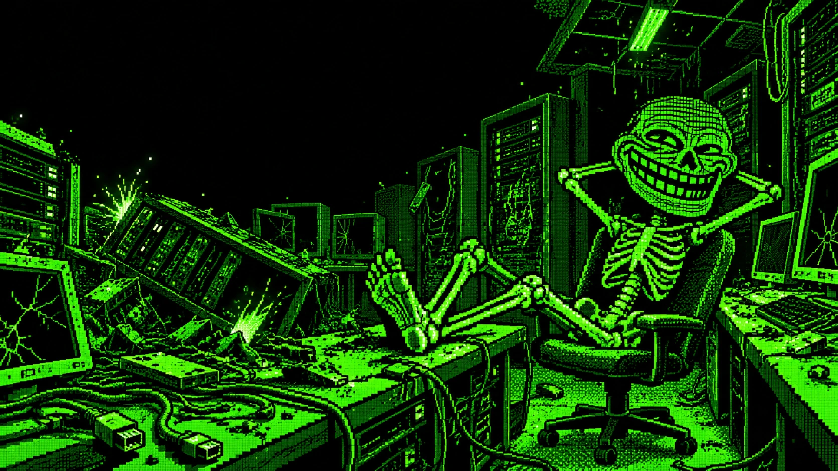 PHPTROLL relaxes with his feet on the desk in the broken server room