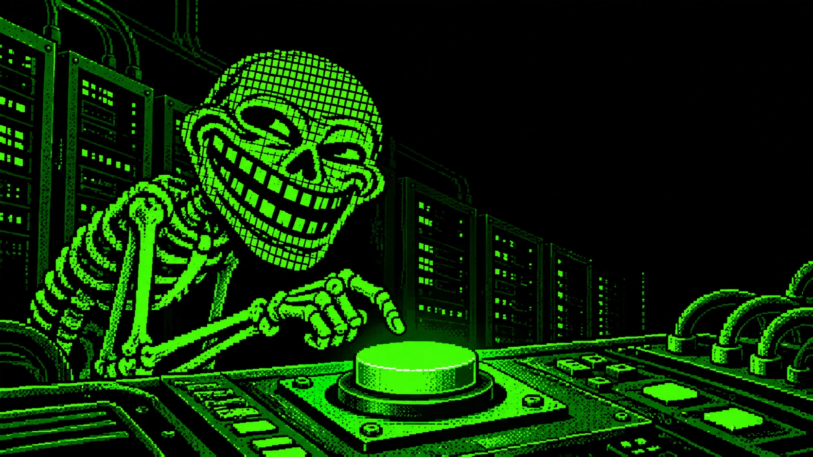 The grinning skeleton hovers a finger above a giant green button