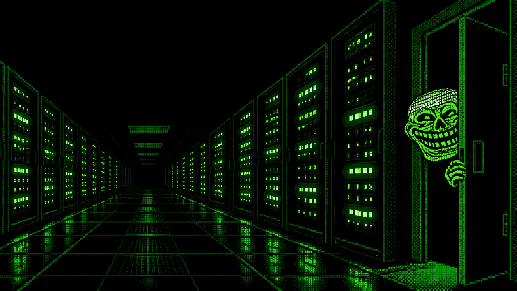 PHPTROLL peers around a door into a dark server corridor